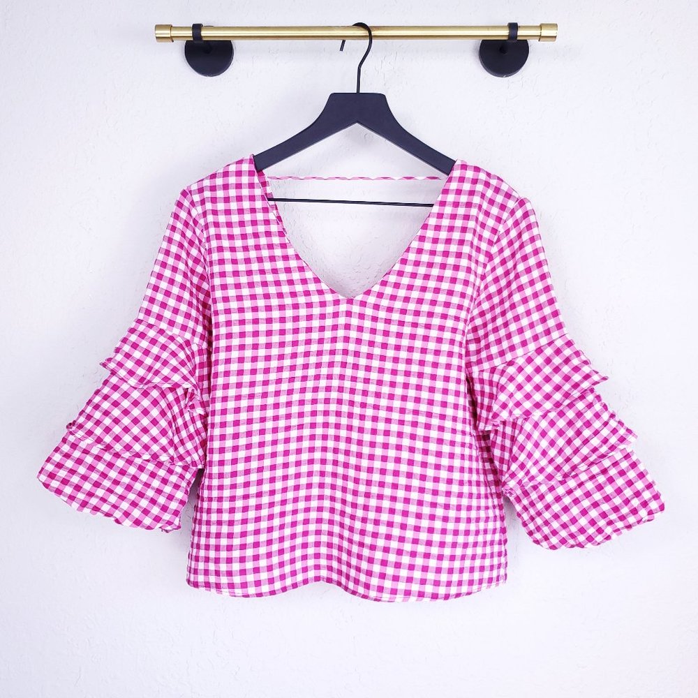 Zara Pink Gingham V-Neck Ruffle Sleeve Blouse
